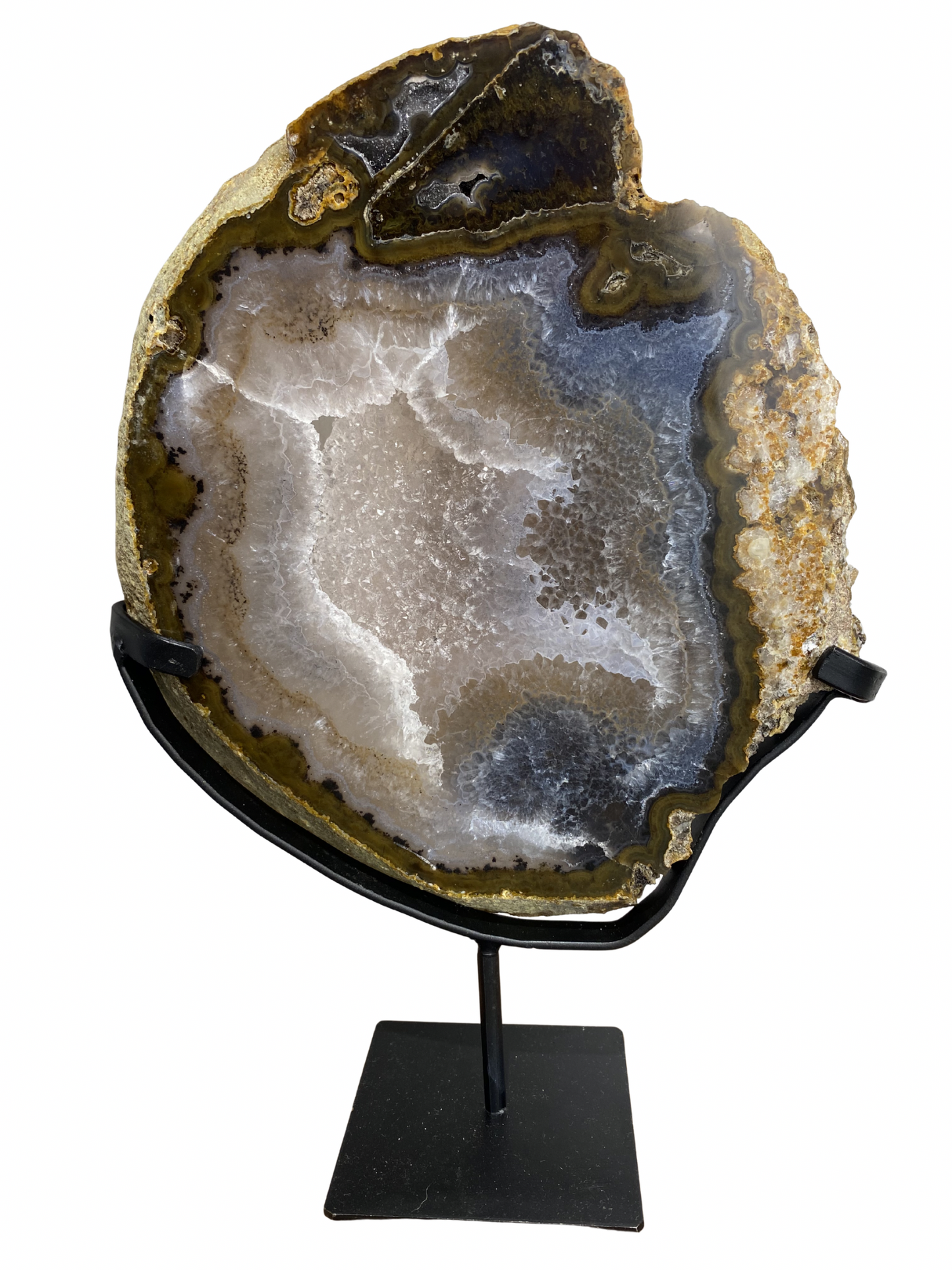 Agaat schijf op standaard met druzy kristallen