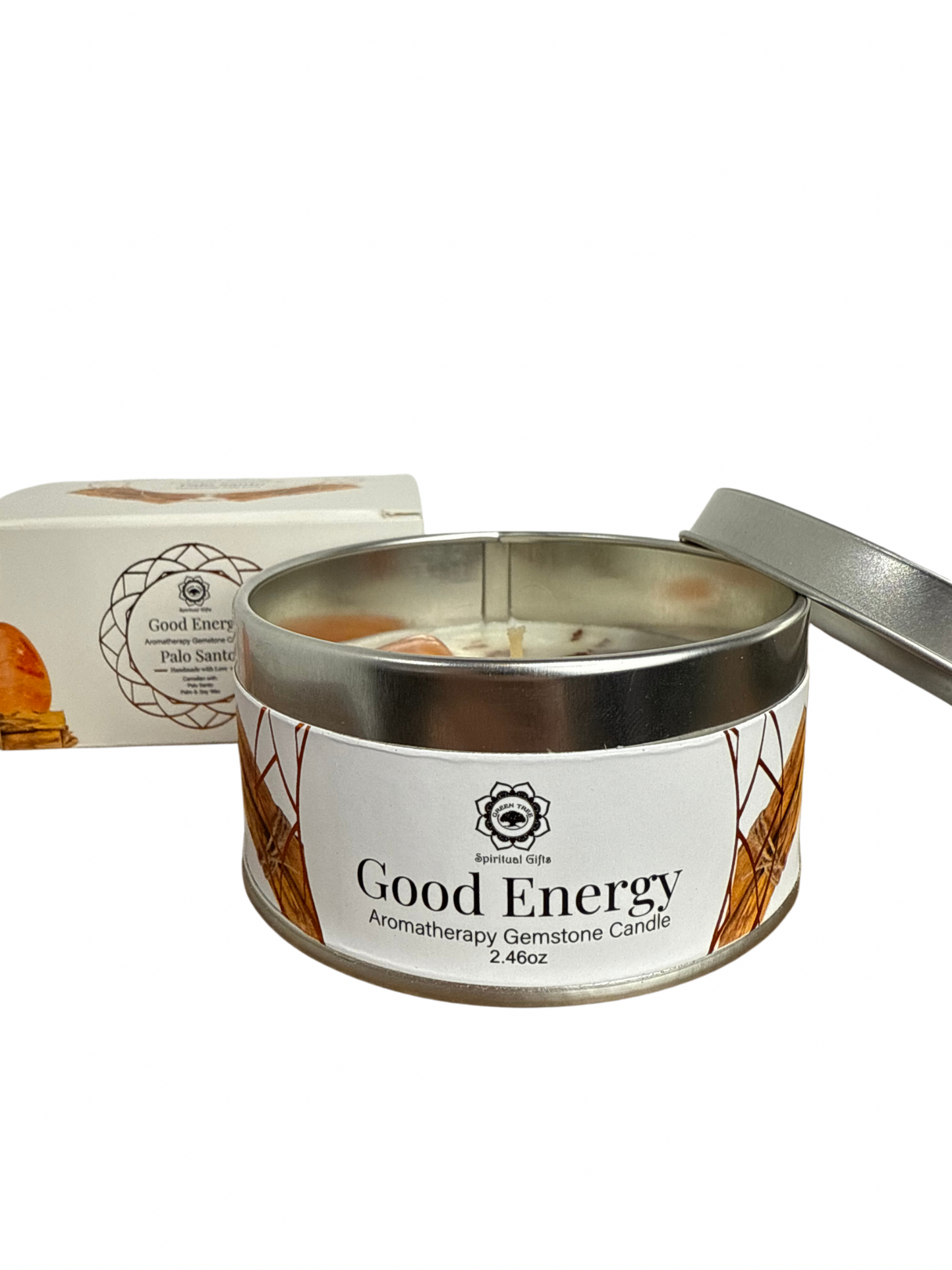Gemstone scented candle Green Tree: Good Energy - Palo Santo