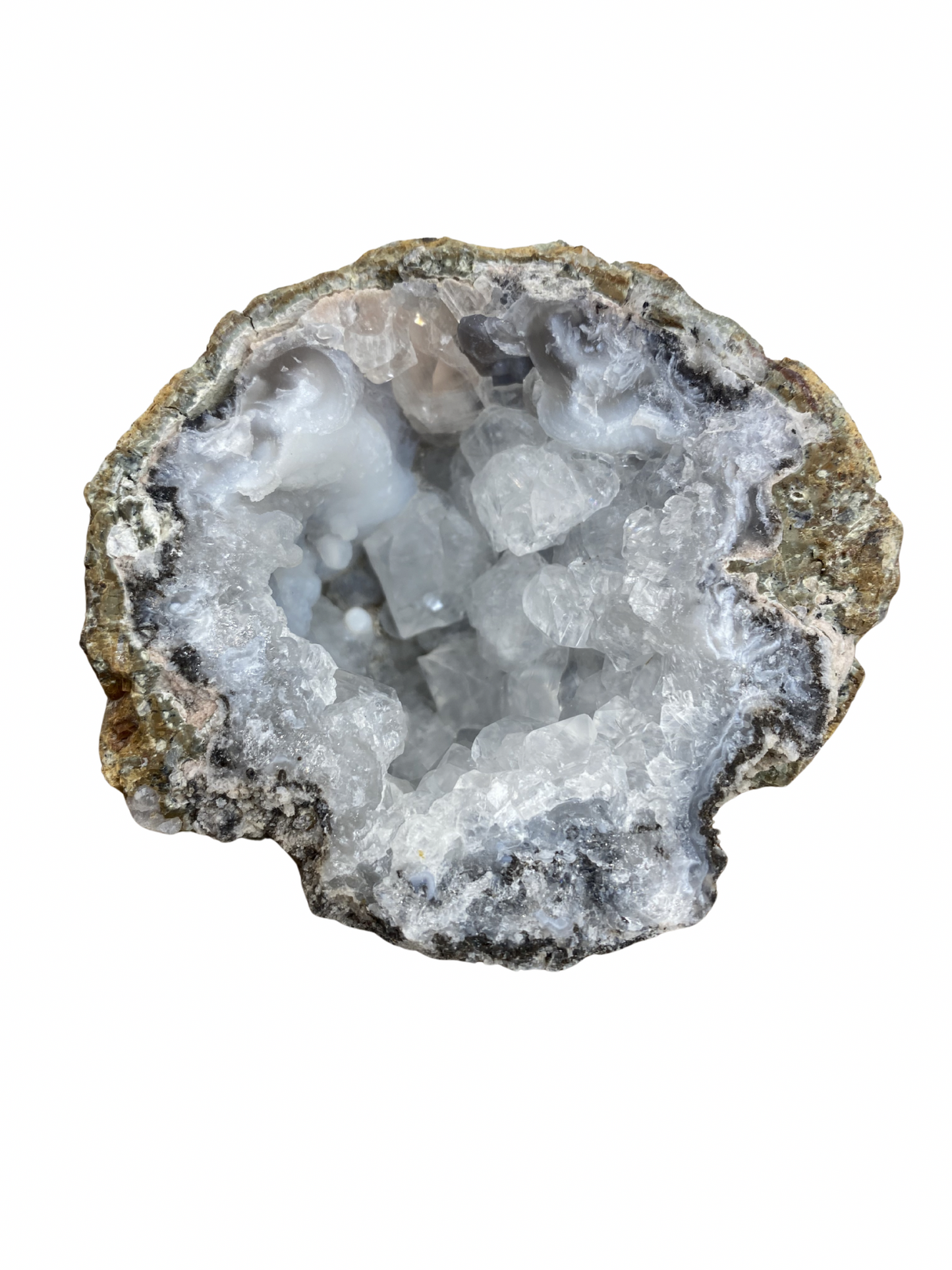 Blauwe Chalcedoon geode met Calciet kristallen (Mexico)