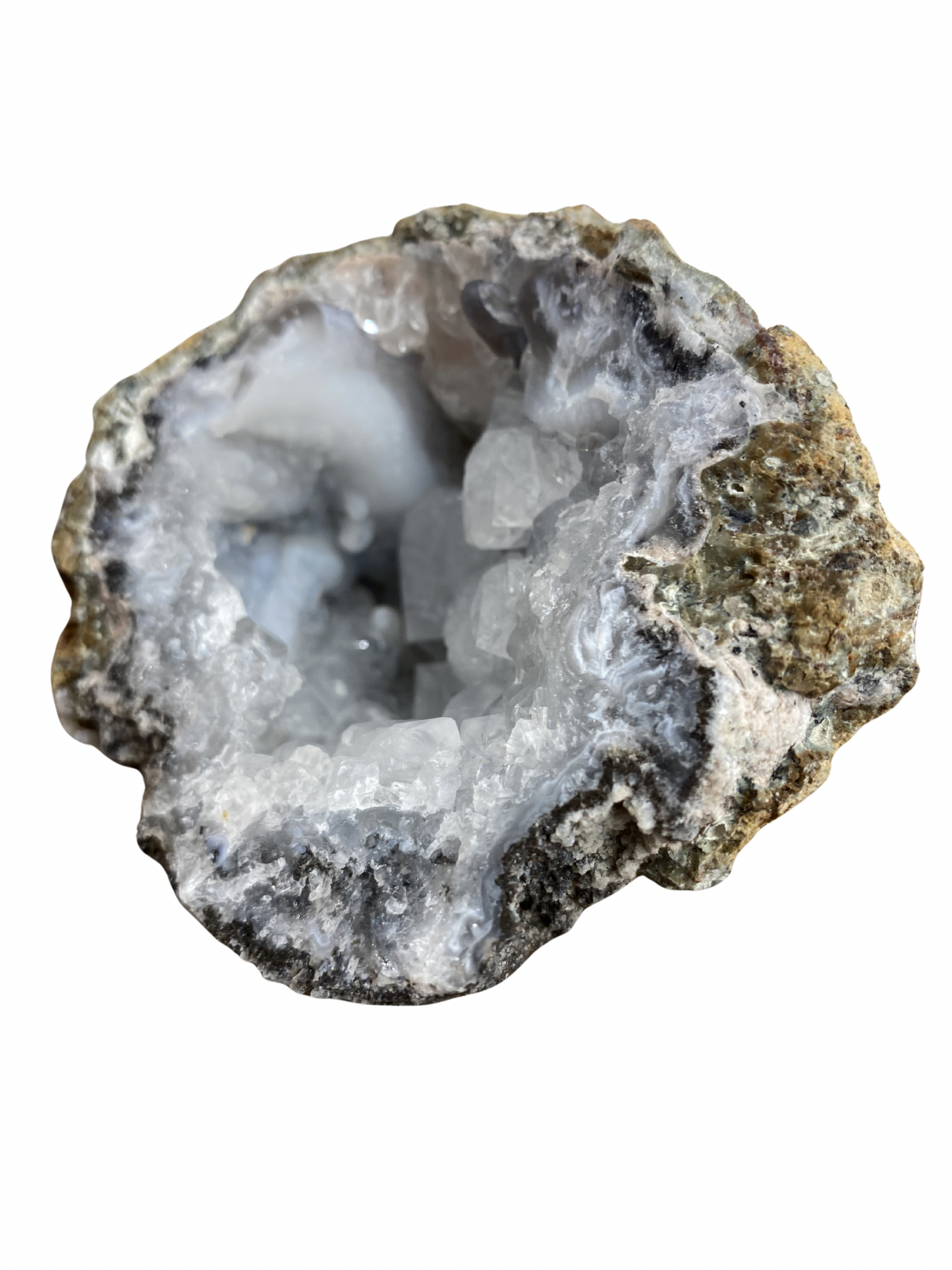 Blauwe Chalcedoon geode met Calciet kristallen (Mexico)