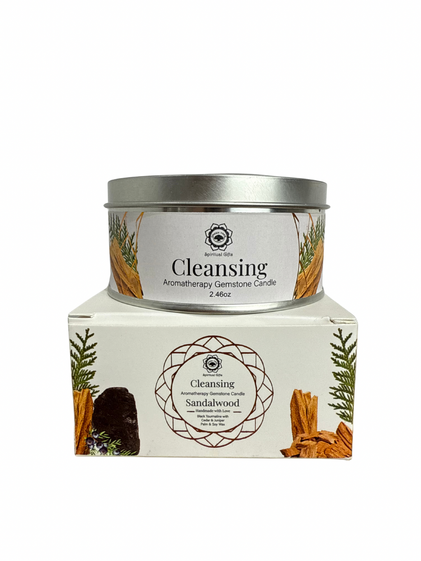 Gemstone scented candle Green Tree: Cleansing - Sandalwood