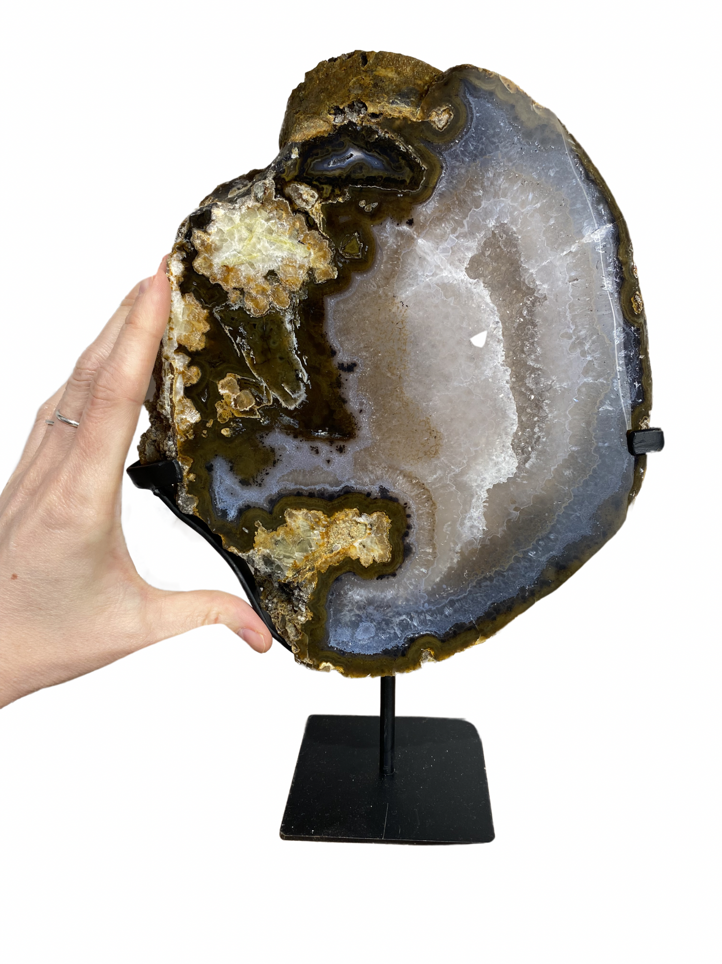 Agaat schijf op standaard met druzy kristallen