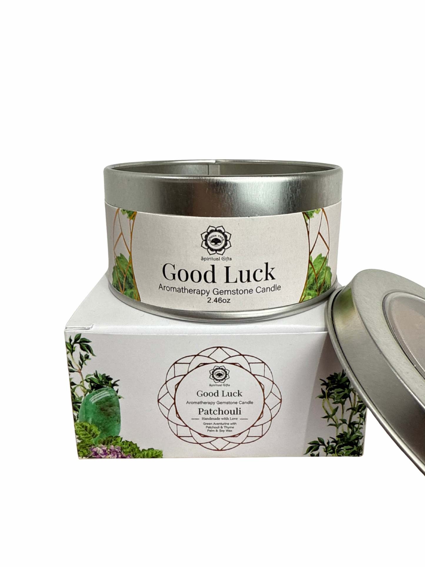 Gemstone scented candle Green Tree: Good Luck - Patchouli