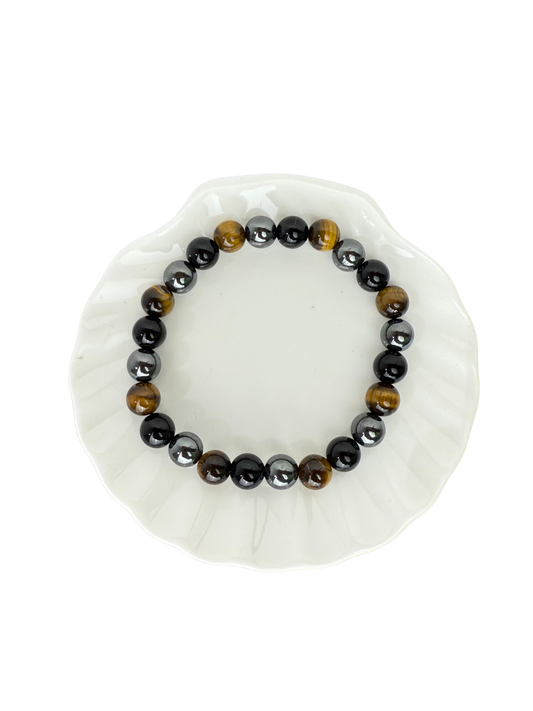 Tijgeroog, Hematiet & Onyx mix kogelarmband 8 mm