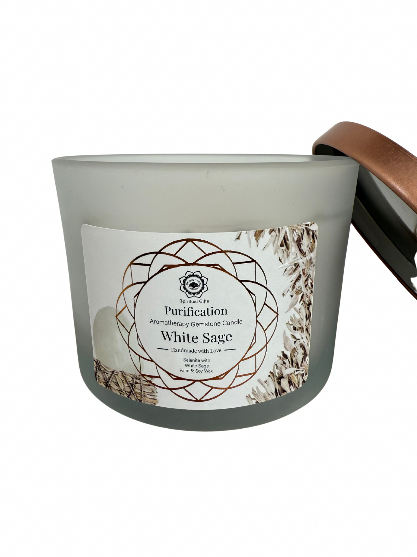 Gemstone scented candle Green Tree: Purification - White Sage