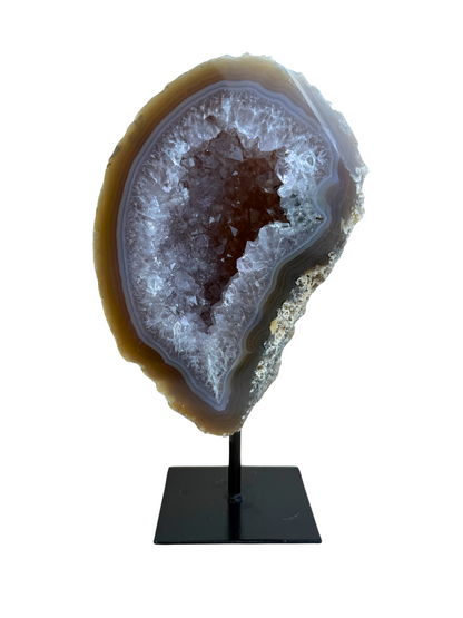 Agate geode with druzy on stand