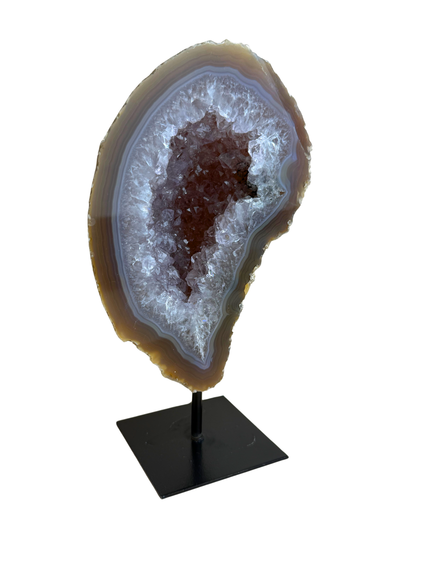 Agate geode with druzy on stand