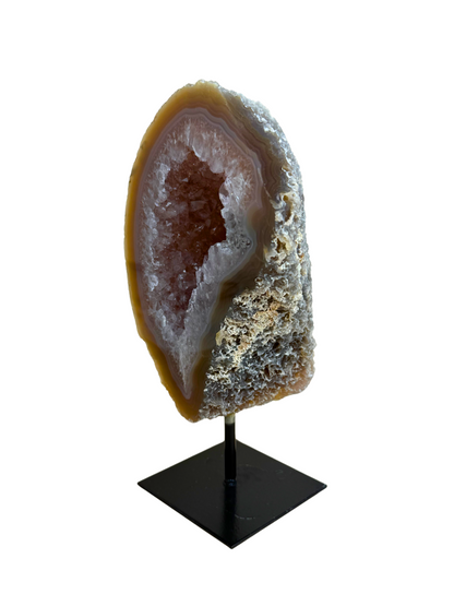 Agate geode with druzy on stand