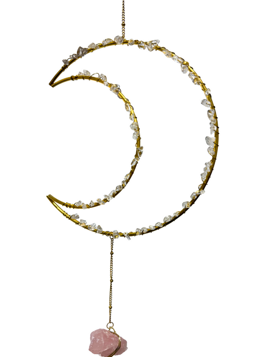 Edelsteen maan hanger Bergkristal + Rozenkwarts