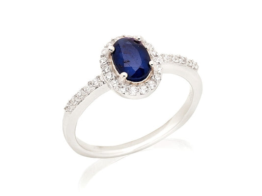 Saffier + Zirconia ring 925 zilver maat 52