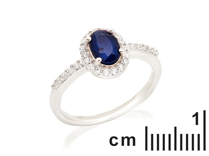 Saffier + Zirconia ring 925 zilver maat 58