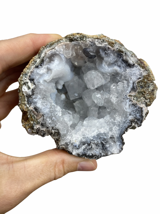 Blauwe Chalcedoon geode met Calciet kristallen (Mexico)