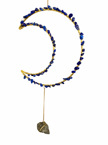 Edelsteen maan hanger Lapis Lazuli en Pyriet middel